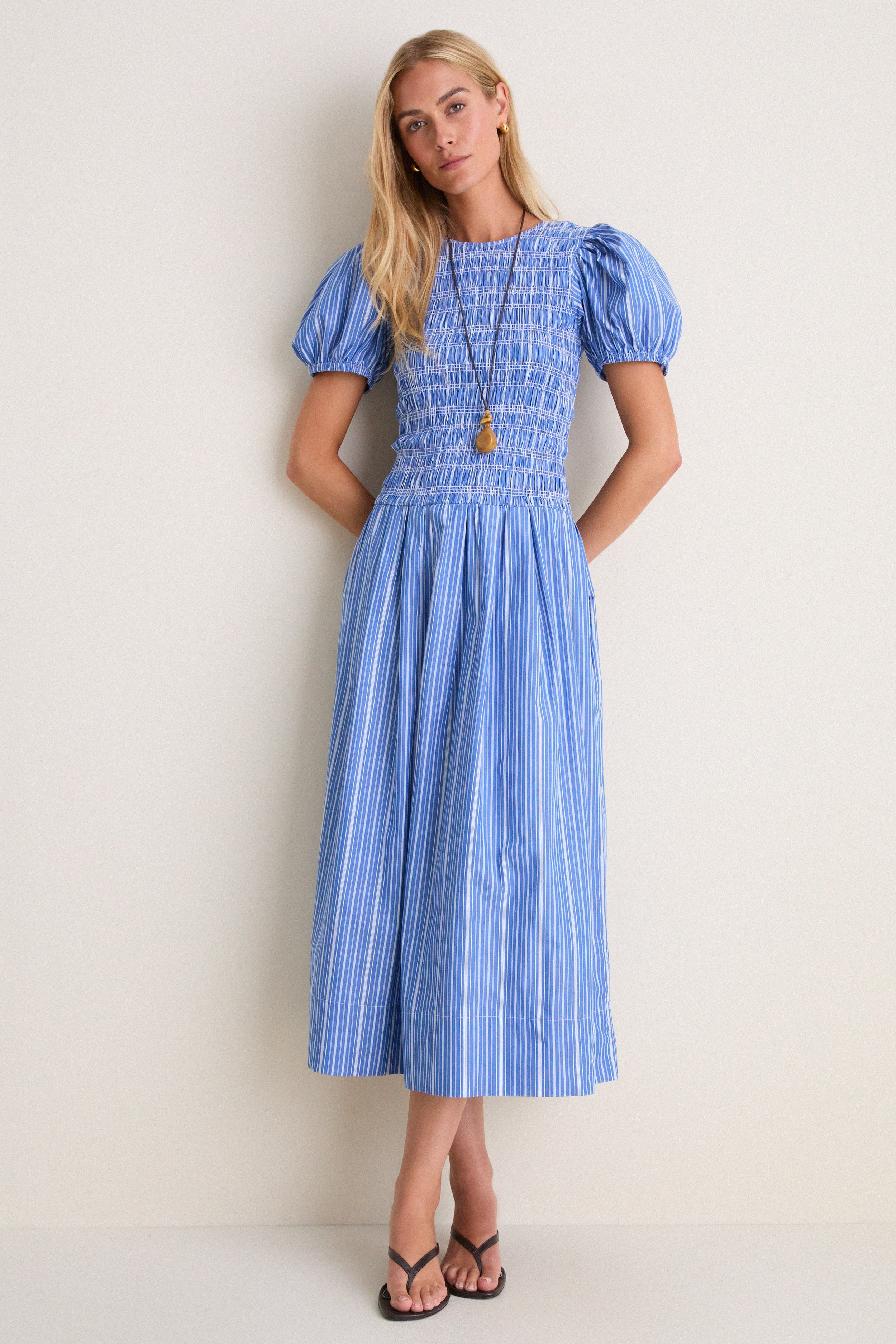 Nouvean Navy Striped Cotton Long Smocked Pleated Dress | Tuckernuck (US)