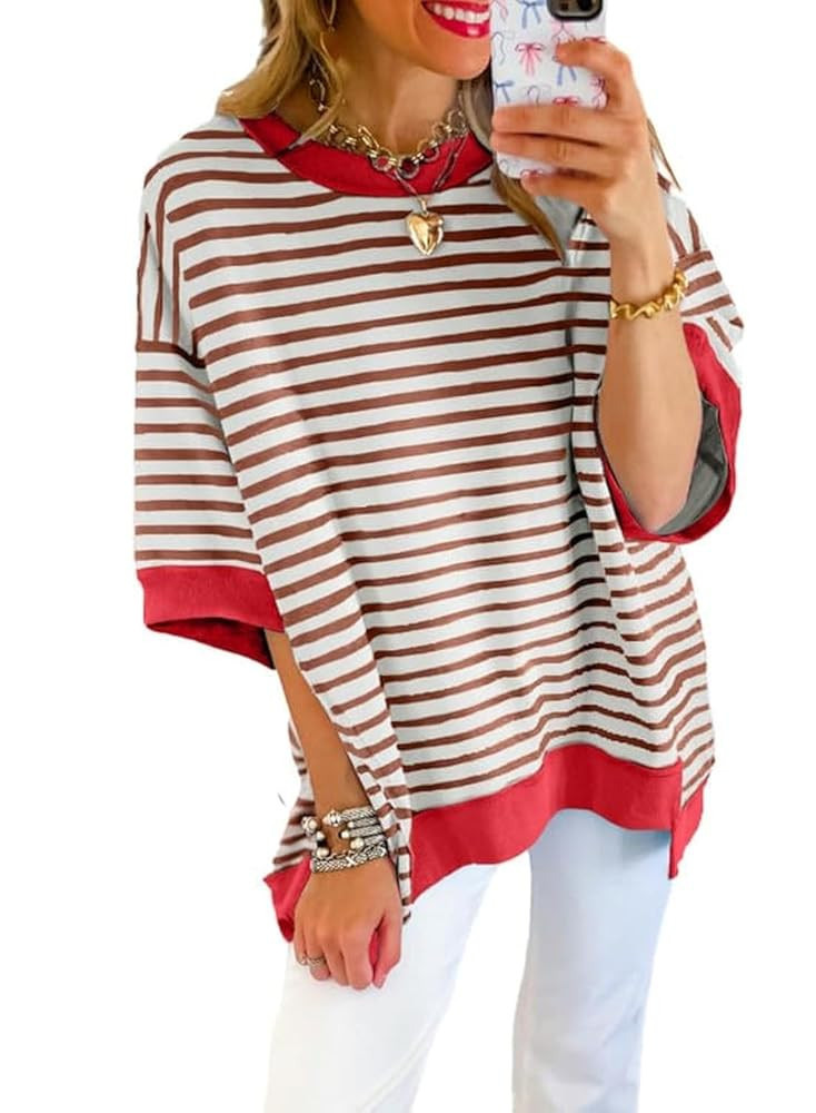 SHEWIN Womens Tops Casual Short Sleeve Sweatshirt Striped Shirt Crewneck Pullover T Shirts Loose ... | Amazon (US)