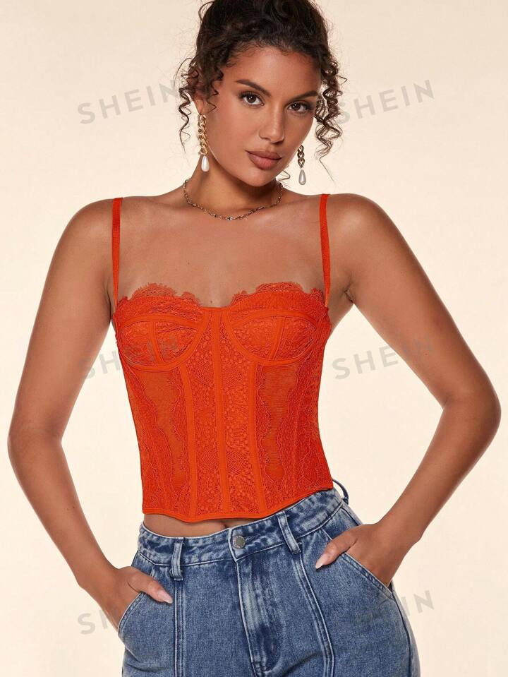 SHEIN BAE Solid Bustier Lace Insert Cami Top | SHEIN