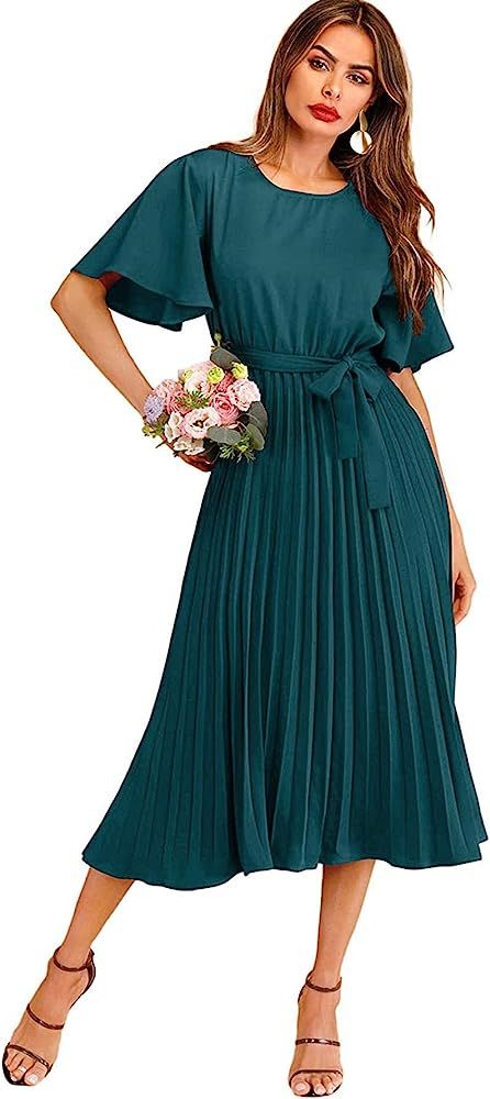 Milumia Women's Elegant Belted Pleated Flounce Sleeve Long Dress | Amazon (US)