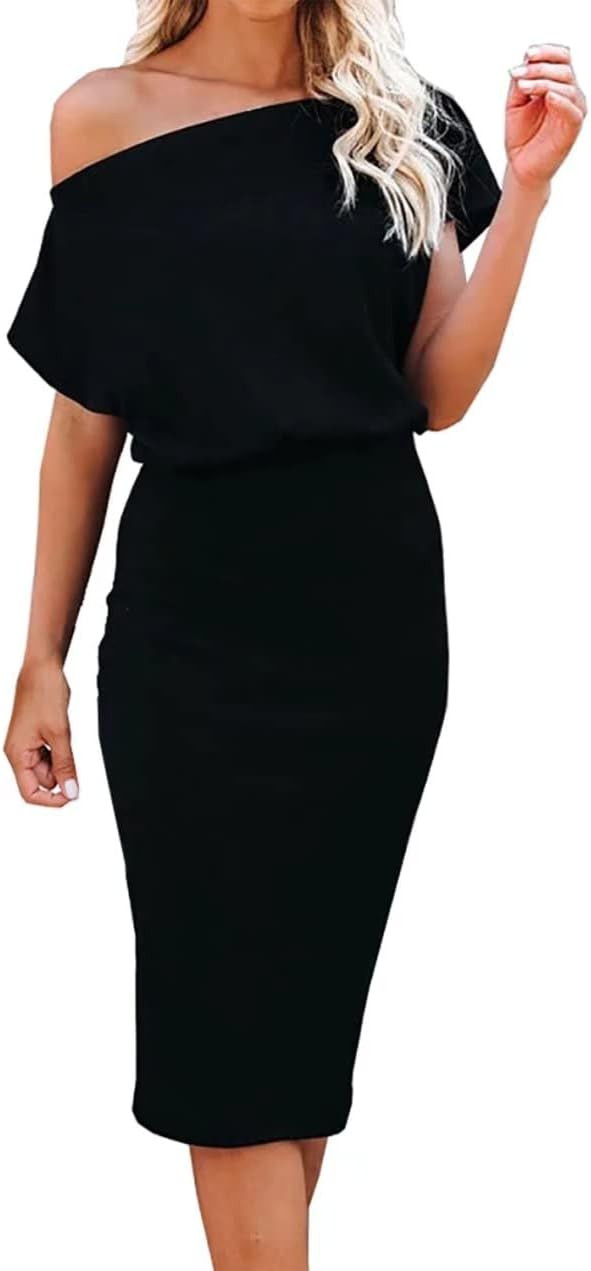 EZBELLE Women's Summer Dress Off The Shoulder Short Sleeve Ribbed Casual Party Bodycon Midi Dress... | Amazon (US)