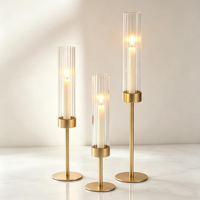 Hewory Gold Hurricane Candle Holder: 3PCS Candlestick Holders for Decor | Amazon (US)