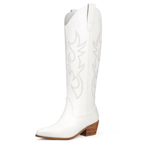 Ouepiano White Cowgirl Boots Women Cowboy Knee High Tall Boots Chunky Heel Pointed Toe Pull-On Western Wide Calf Boats Country Fashion (White, Size 7.5) | Amazon (US)