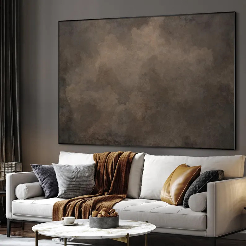 Extra Large Framed Wall Art, Brown Abstract Cloud Artwork, Moody Neutral Atmosphere Painting, Mod... | Etsy (US)