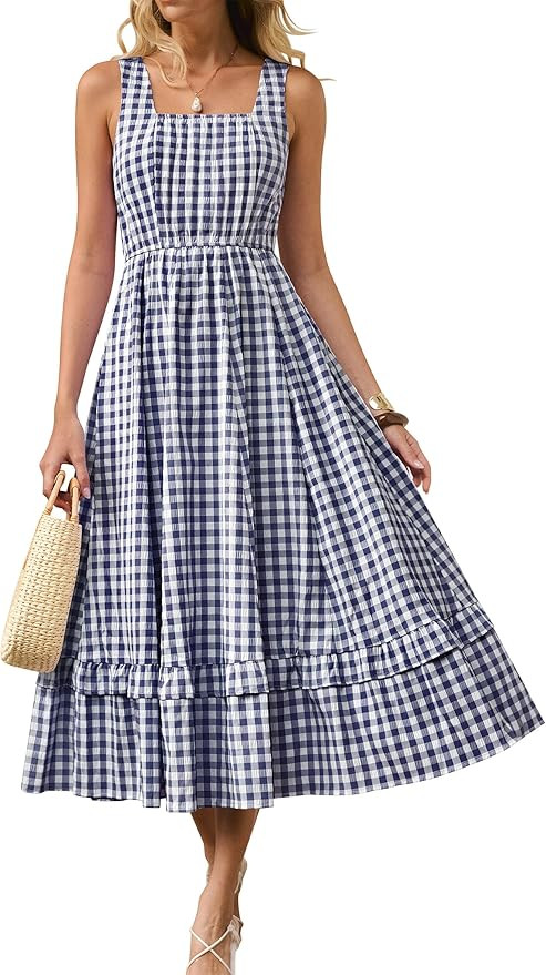 Caracilia Womens Summer Casual Gingham Plaid Midi Dress Sleeveless Square Neck Flowy Beach Vacati... | Amazon (US)