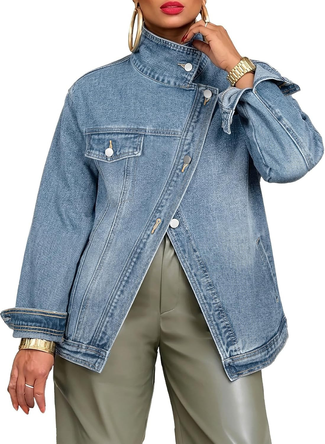 SHEWIN Women's Oversized Jean Jacket Vintage Washed High Neck Denim Jacket Asymmetrical Button Down Street Style Coat | Amazon (US)