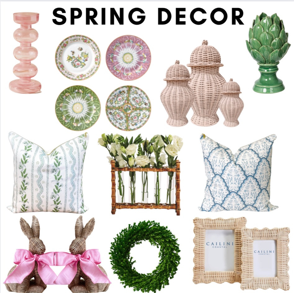 Grandmillennial spring decor // preppy // candle holder // rose medallion plates // wicker ginger jar // throw pillows // blue and white // faux bamboo // Easter decor // boxwood wreath // rattan picture frame 

#LTKGiftGuide #LTKSeasonal #LTKhome