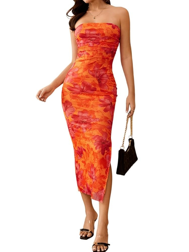 Milumia Women's Summer Strapeless Tube Top Dresses Side Slit Ruched Bodycon Maxi Dress Vacation | Amazon (US)