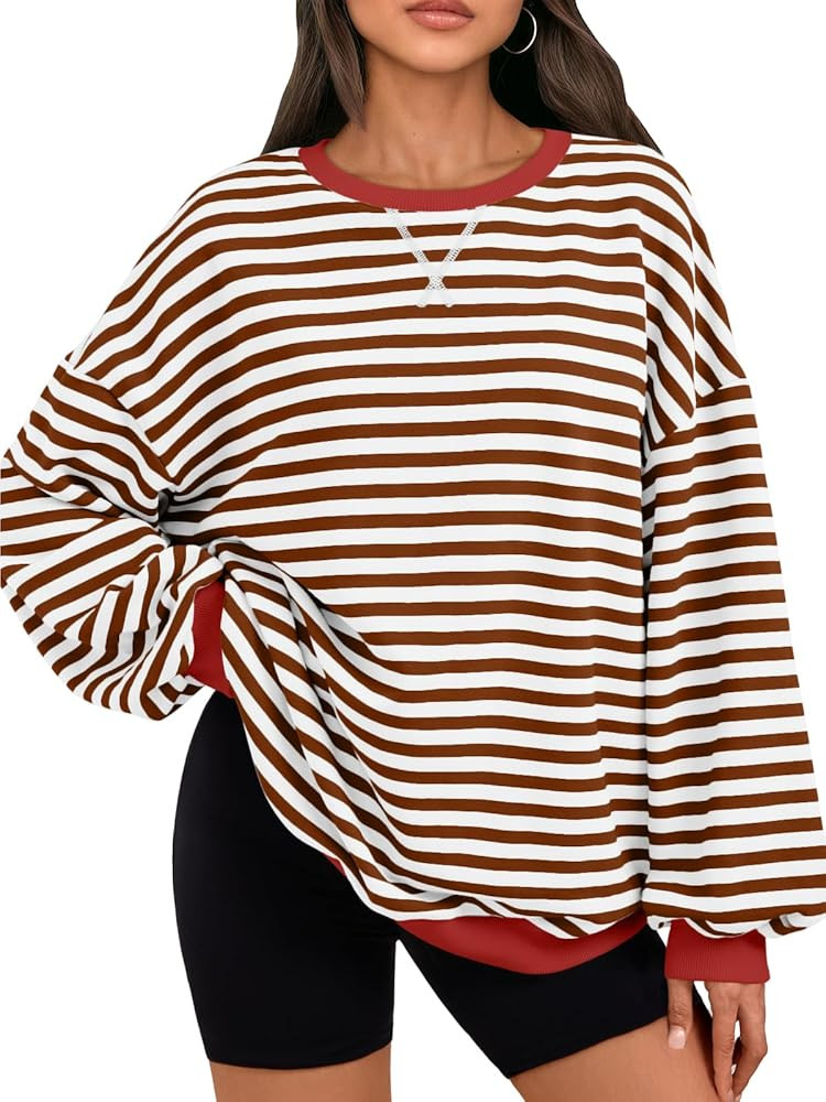 Trendy Queen Oversized Sweatshirt for Women 2025 Fall Crewneck Striped Long Sleeve Shirts Hoodies... | Amazon (US)