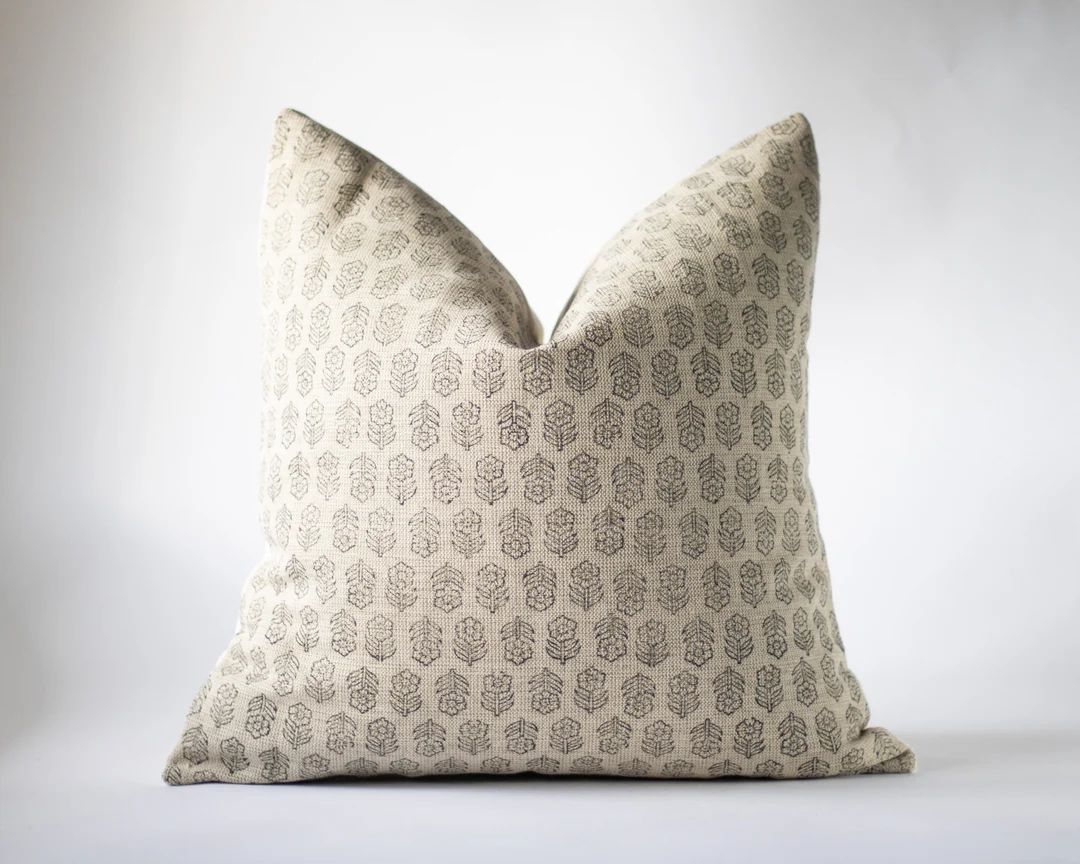 Beige Floral Block Print Pillow Cover, Decorative Pillow, Designer Linen Pillows, Neutral Throw P... | Etsy (US)