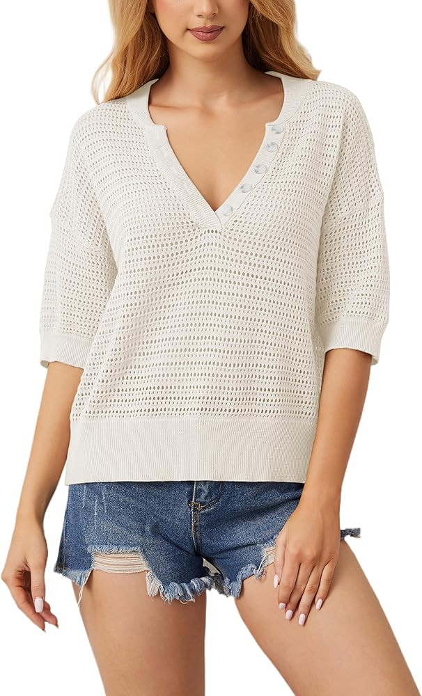 Women Summer Crochet Mesh Knit Short Sleeve T Shirts V Neck Sheer Hallow Out Button Up Loose Swea... | Amazon (US)