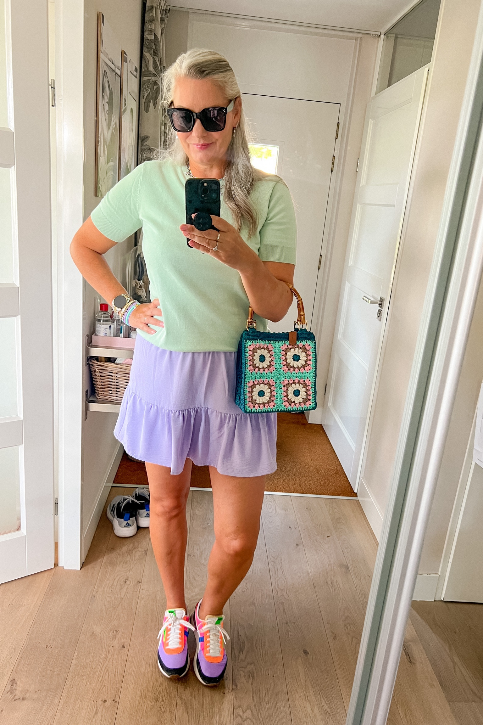 Ootd - Saturday. Lavender skort (Most Wanted), mint green top (old), crochet purse (Isabel Atelier, discount code MAR10), oversized sunnies, Puma sneakers. Heart necklace, clay bracelets. 

#LTKnederlands #LTKsummer #LTKeurope