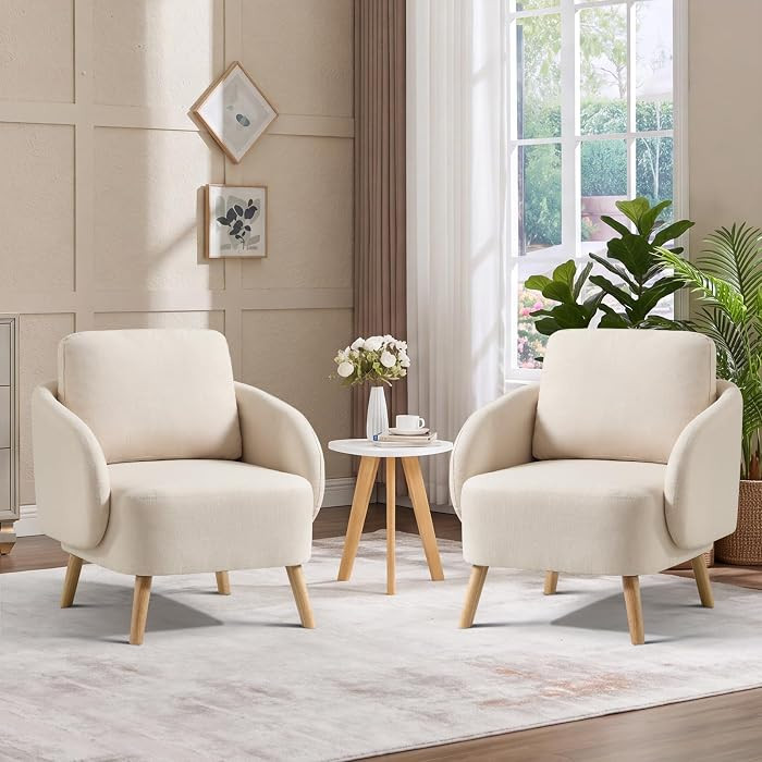 ANJ Premium Linen Accent Chair Set of 2 with Curved Arms, Mid-Century Modern Upholstered Armchair... | Amazon (US)