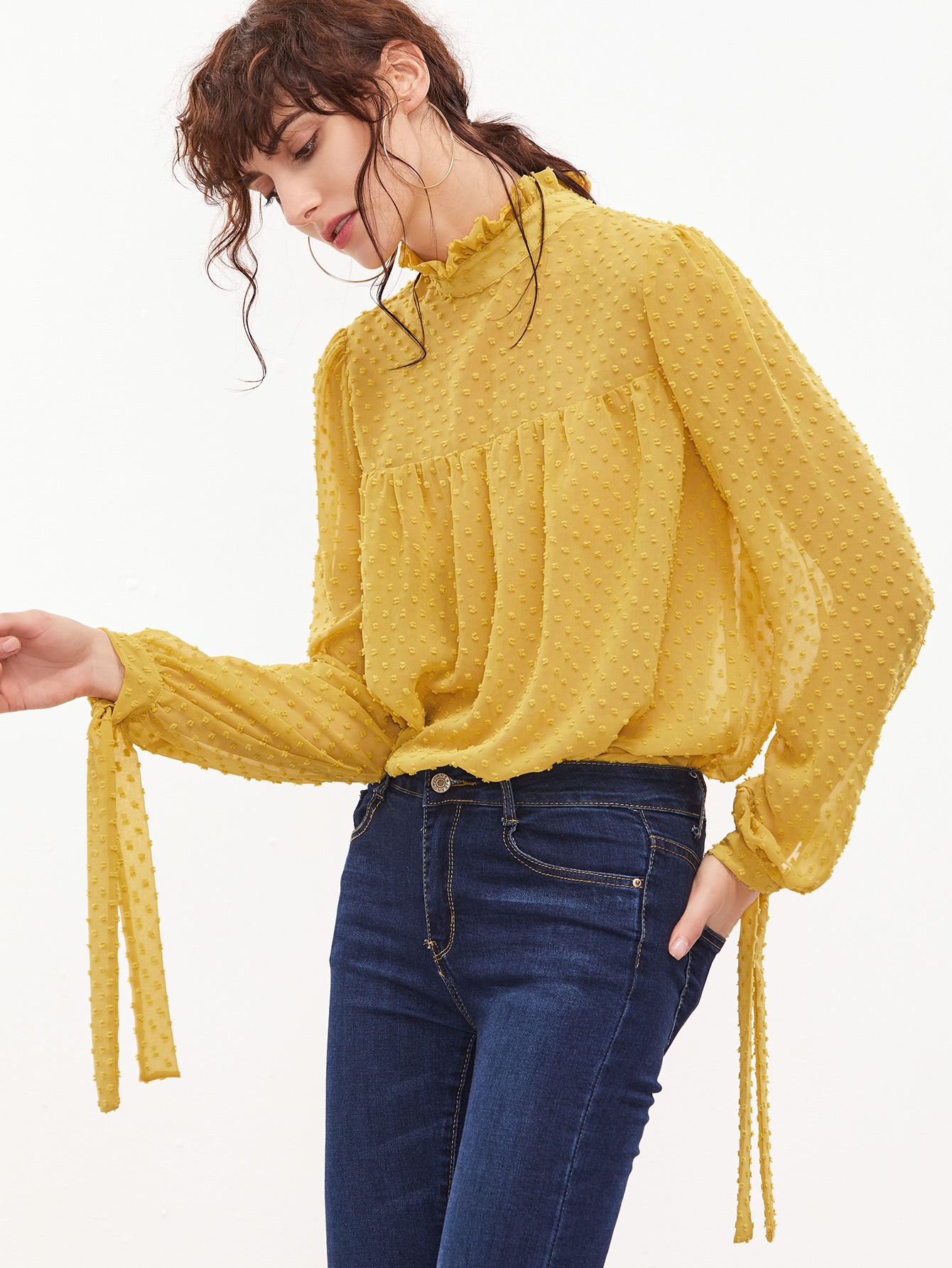 Yellow Tied Ruffle Collar And Sleeve Dot Jacquard Top | SHEIN