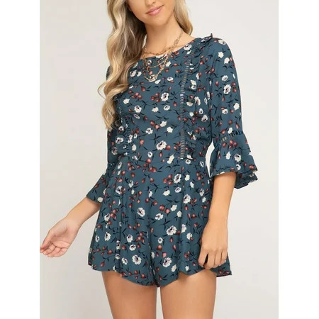 She + Sky Women's 3/4 Ruffled Sleeve Floral Woven Romper, Dusty Blue, Small | Walmart (US)
