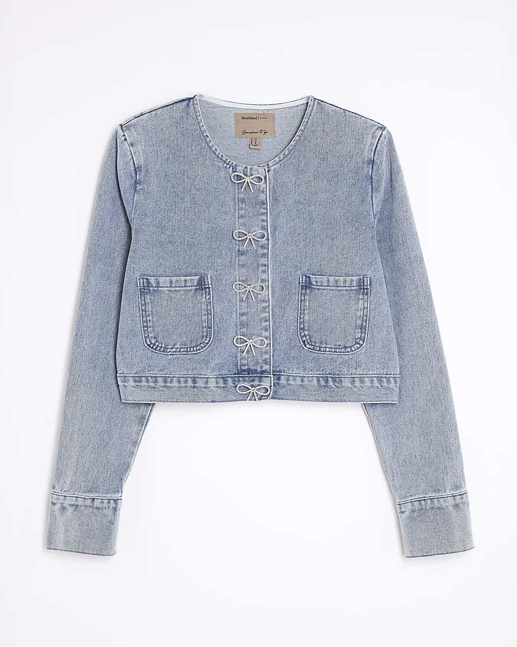 Blue Bow Button Denim Jacket | River Island UK & IE