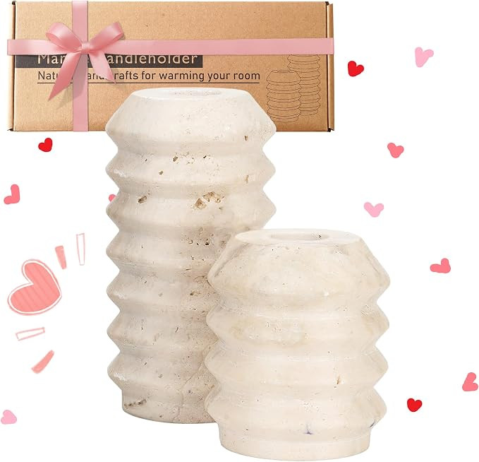 WORHE Candle Holders Italy True Natural Travertine Stone 0.4" Thick Set of 2 Marble Candlestick H... | Amazon (US)