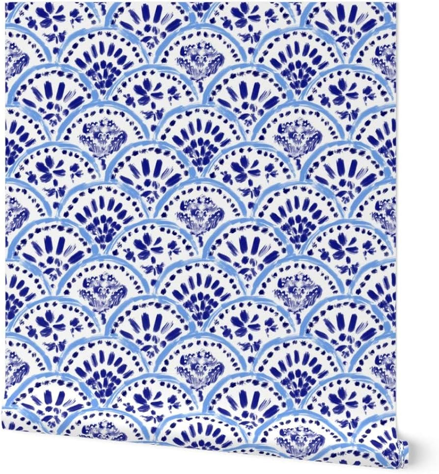 Peel & Stick Wallpaper 6ft x 2ft - Chinese Blue Mix Scalloped Wave Japanese Style Navy Peony Whit... | Amazon (US)