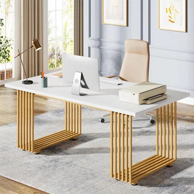 70.9” Modern Executive Desk, Large White Computer Desk With Gold Metal Legs, Wooden Office Desk For Home Office, Writing, Study, Or Meeting Room Table | Wayfair North America