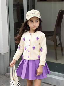 LocalSHEIN Baby Girl Grape Embroidery Cardigan & Pleated Knit Skirt Without Socks | SHEIN