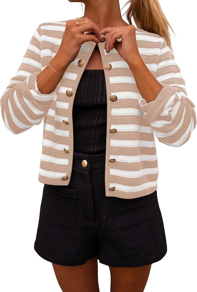 PRETTYGARDEN Women's Open Front Cardigans Casual Ribbed Knit Long Sleeve Crewneck Striped Sweater Ou | Amazon (US)