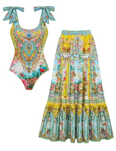 FLAXMAKER Women's Bird Song and Floral Print Adjustable Strap Swimsuit and Skirt/Sarong (US, Alpha, Medium, Regular, Regular, Yellow Swimsuit and Skirt) | Amazon (US)