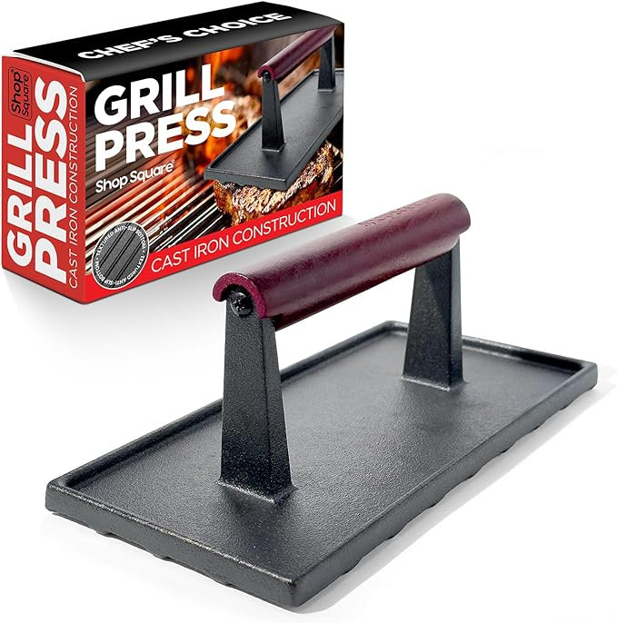 Cast Iron Grill Press - 8 x 4 Inch, 2.6 lb Griddle Press with Cool-Touch Wood Handle - Pre-season... | Amazon (US)