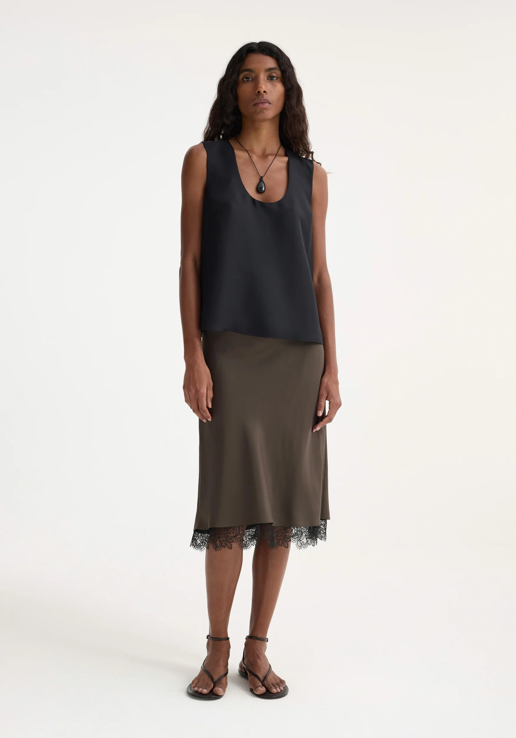 lace-trimmed silk skirt | earth | Rohe