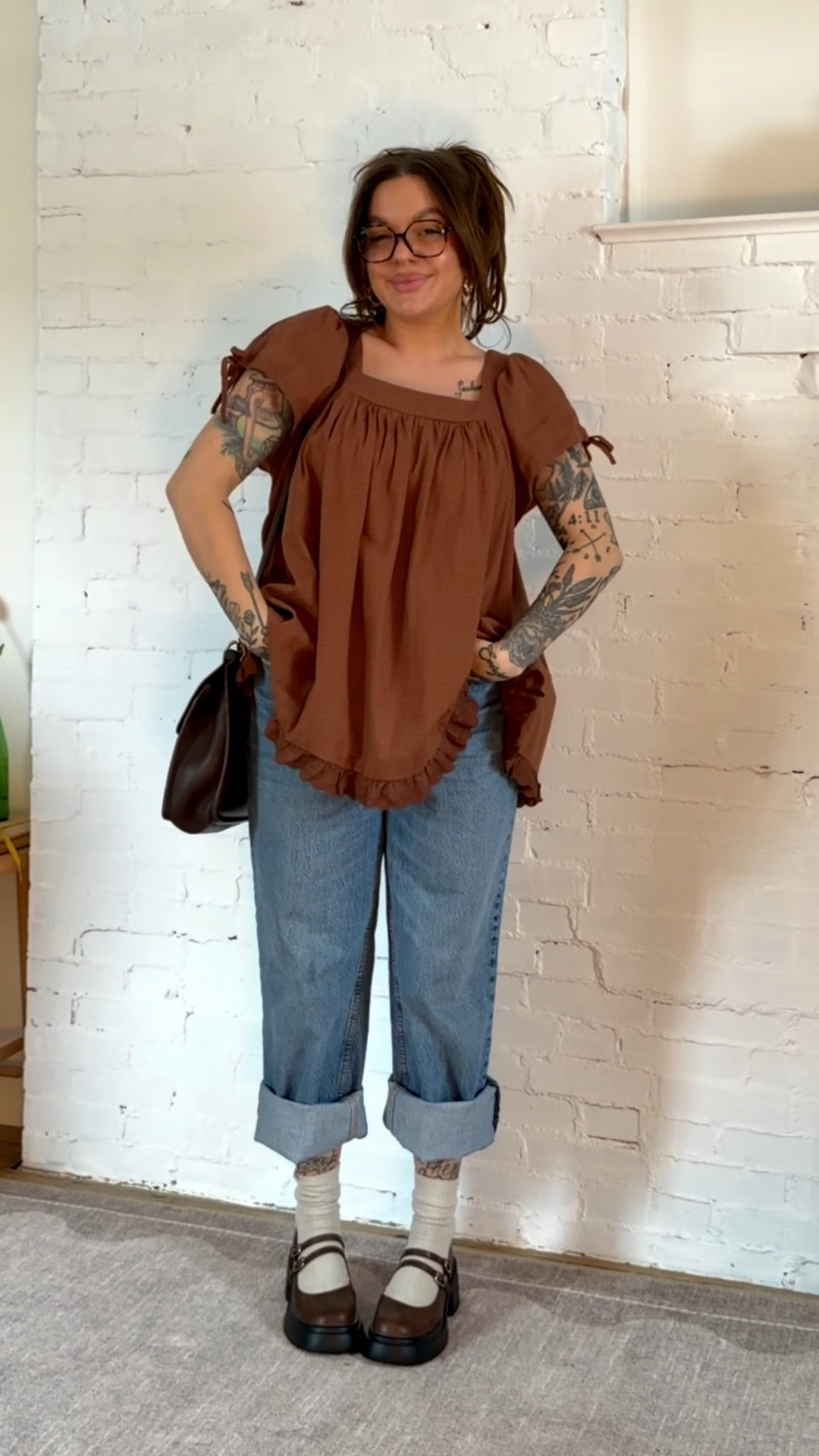 top: medium 
shoes: TTS! in “brown"
jeans: TTS (size 8) 