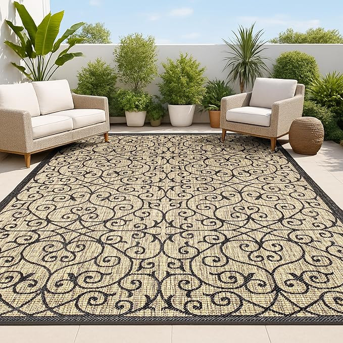 JONATHAN Y Vintage Filigree Indoor Outdoor Area Rug 8X10 Black/Khaki, Madrid Textured Weave for B... | Amazon (US)