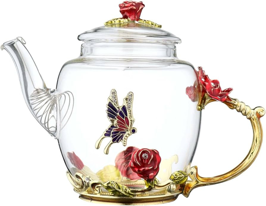 XUDREZ Glass Blooming Tea Teapot for Women - Red Rose Floral with Gold, 10.15oz/300ml | Amazon (US)