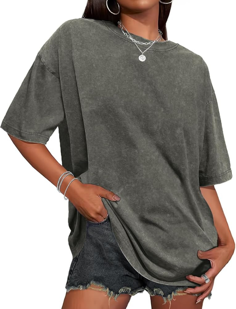 Oversized Tshirts for Women Short Sleeve Crew Neck Vintage Washed Basic Loose Casual Tees | Amazon (US)
