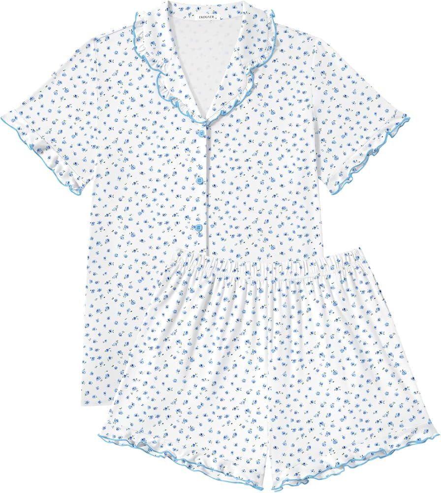 Pajamas for Women Sets Cute Pjs Button Down 2 Piece Short Sleeve Ruffle Lounge Set Sleepwear | Amazon (US)