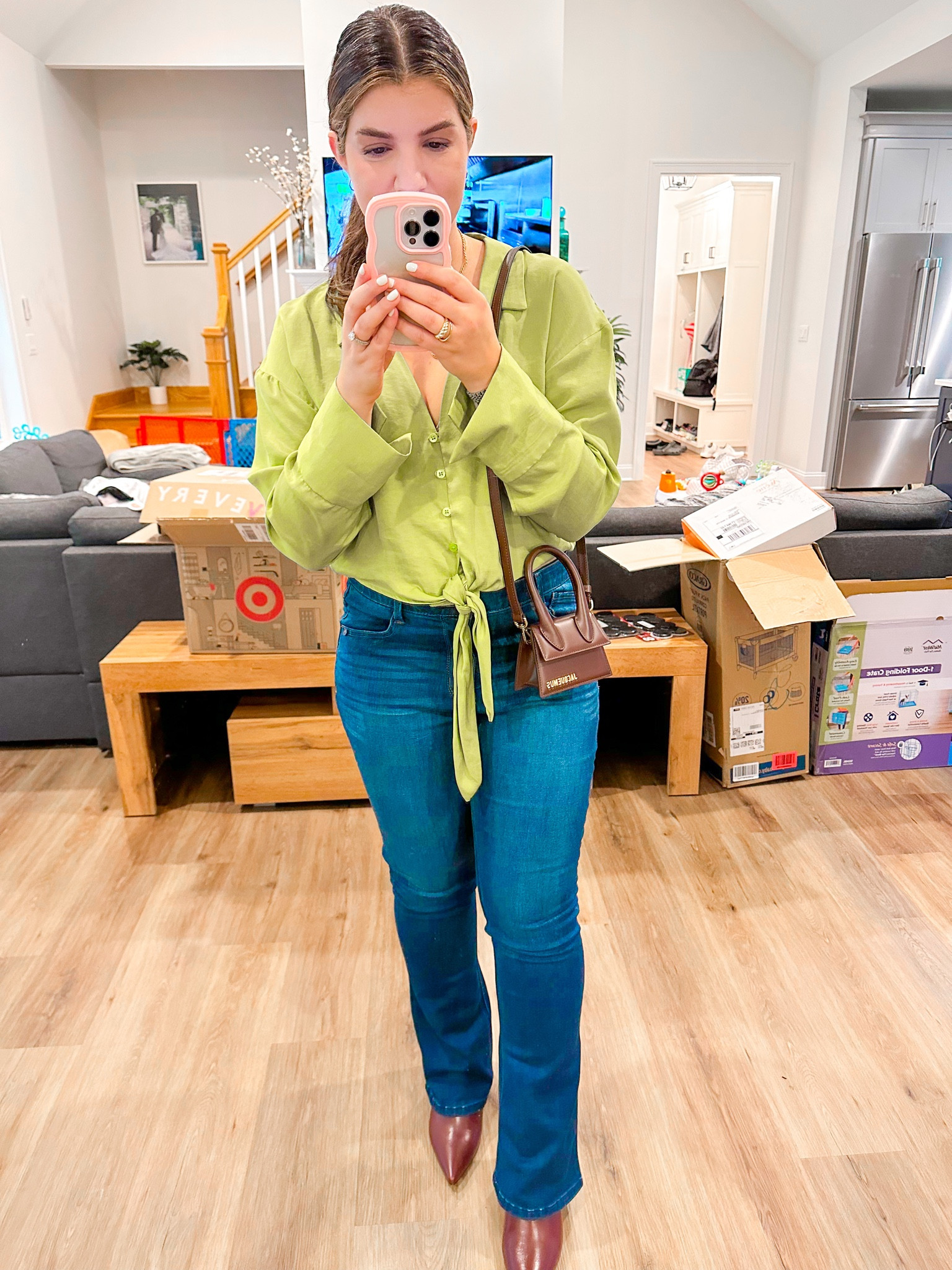 Mom’s night out ! Ignore the boxes lol  I bought the shoes & jeans from Nordstrom. I love my little jacquemus le chiquito brown handbag it’s perfect for fall 

#LTKfindsunder50 #LTKshoecrush #LTKitbag