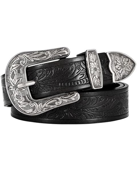 LEACOOLKEY Western Leather Belt for Women Vintage Design Buckle Waist Belt for Jeans Dress | Amazon (US)