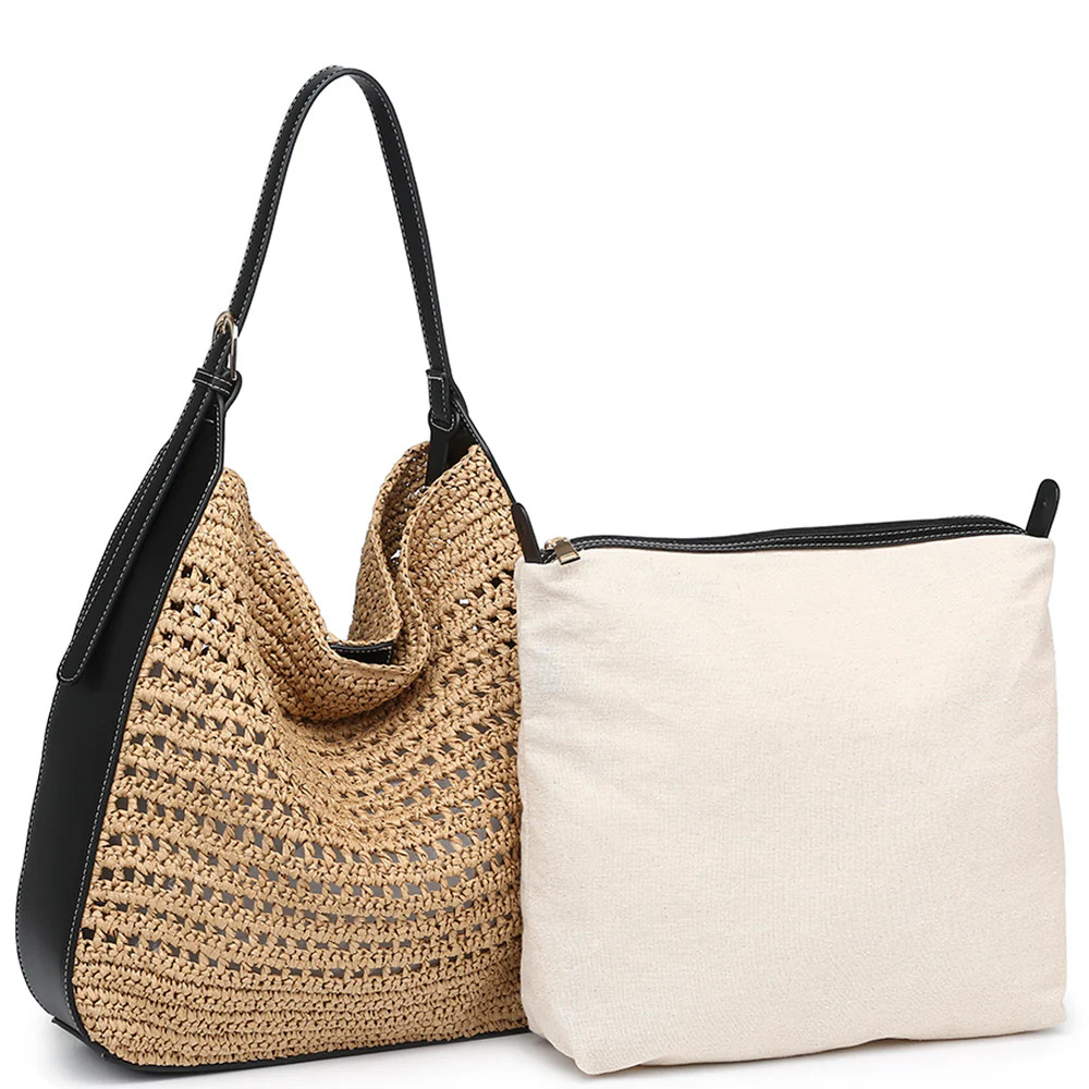 Keller Leather and Straw Design Shoulder Hobo Bag with Pouch Set-Black | Benaar La