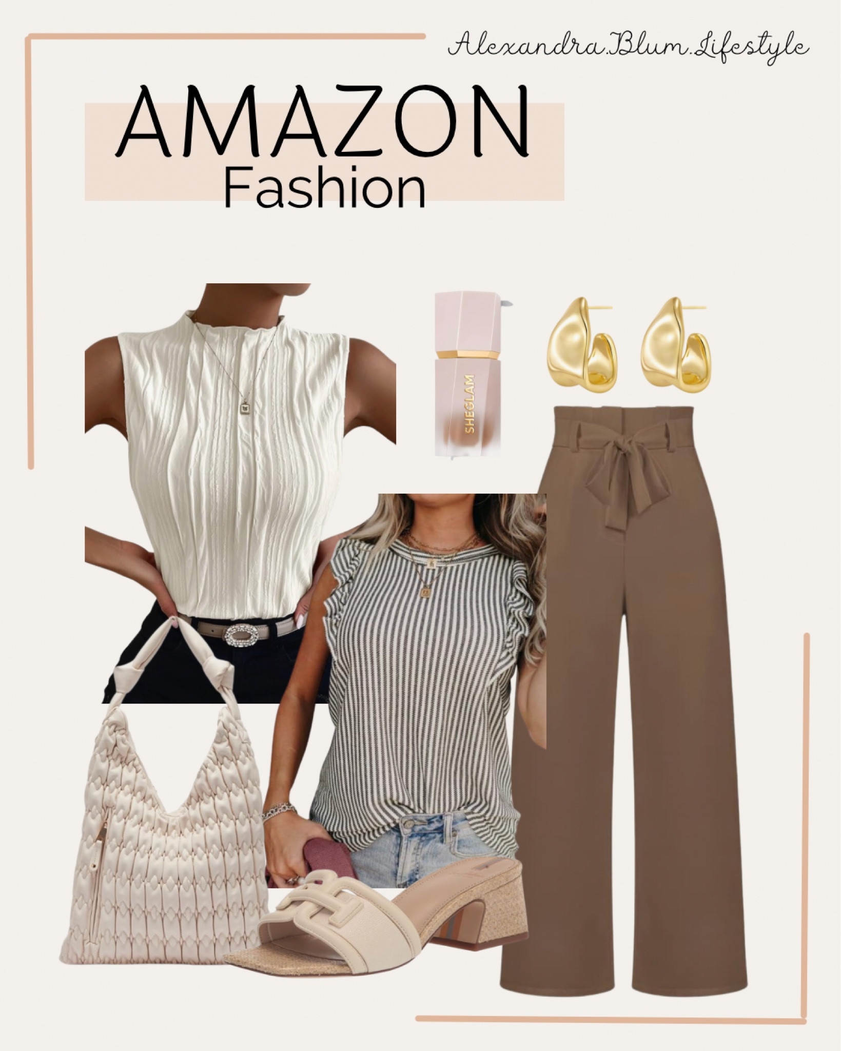 Amazon work outfit idea! Amazon business casual attire! Brown dress pants, blouse work tank tops, work sandal low heel, ivory purse, bronzer, and gold earrings! Amazon fashion! Amazon finds! Amazon trends! Best sellers! 

#LTKmidsize #LTKfindsunder100 #LTKworkwear