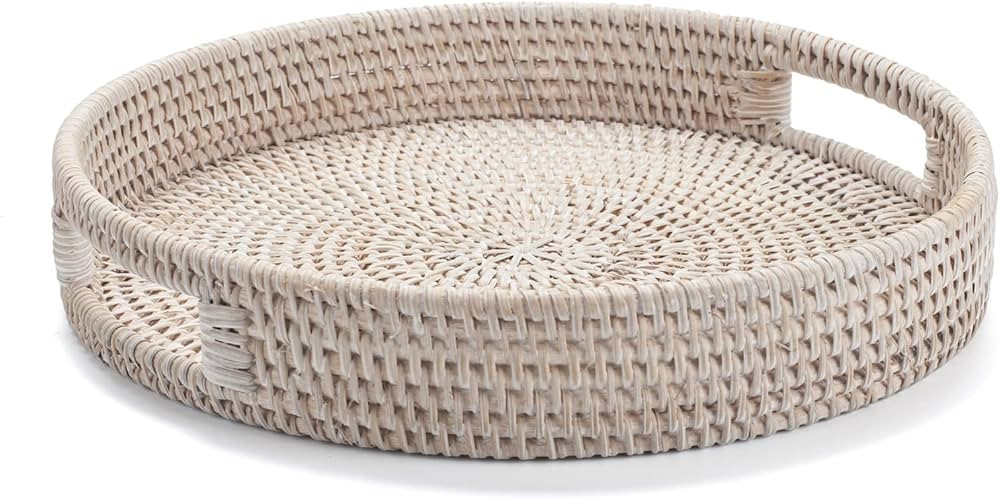 11.8 inch Round Rattan Tray, Ottoman Tray, Woven Serving Tray with Cut - Out Handles, Wicker Serv... | Amazon (US)
