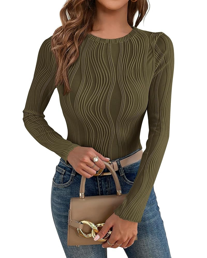 PRETTYGARDEN Women's Tops 2025 Fall Fashion Long Sleeve Crewneck Blouse Slim Fit Textured Basic K... | Amazon (US)