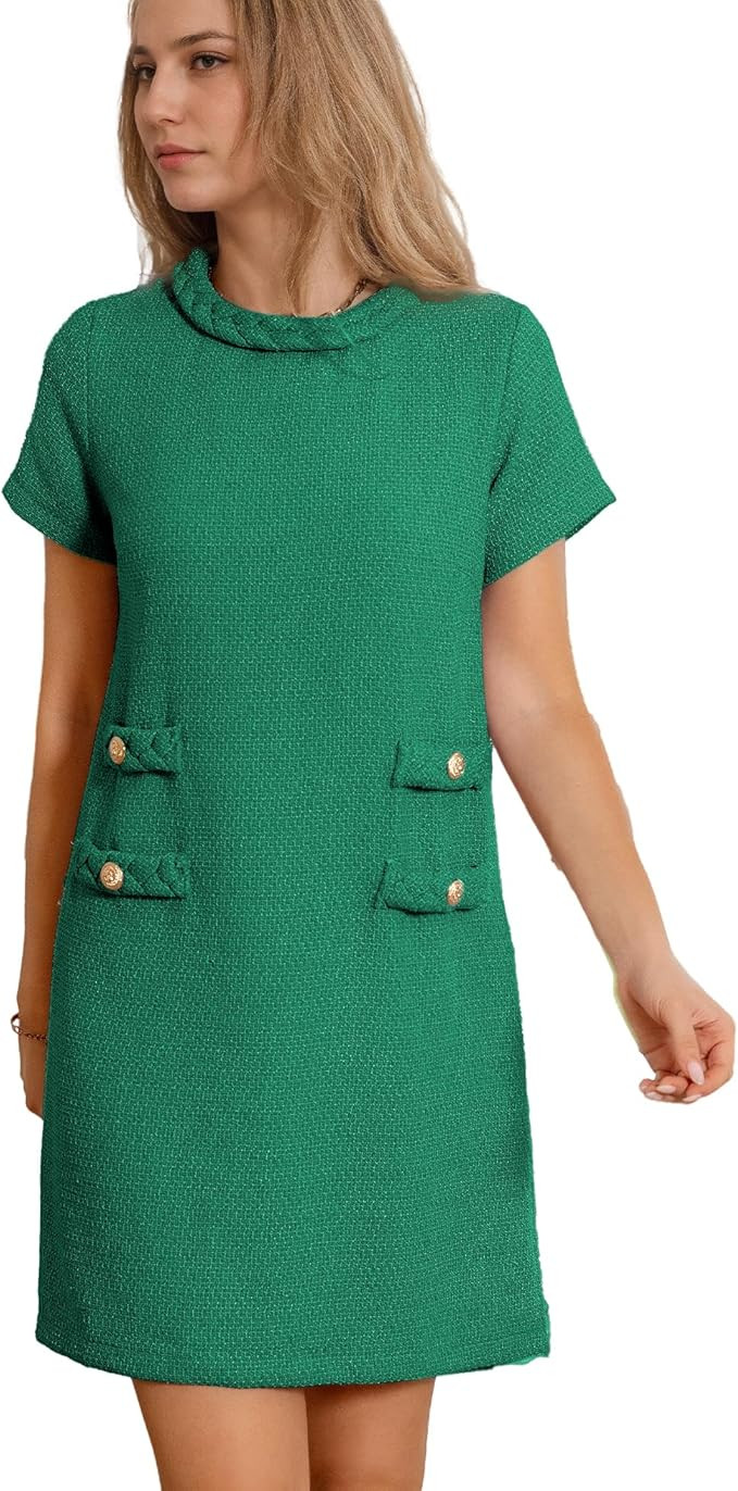 Women's Tweed Dress Short Sleeve Crew Neck A-line Party Vintage Mini Skirt Causal Dresses | Amazon (US)