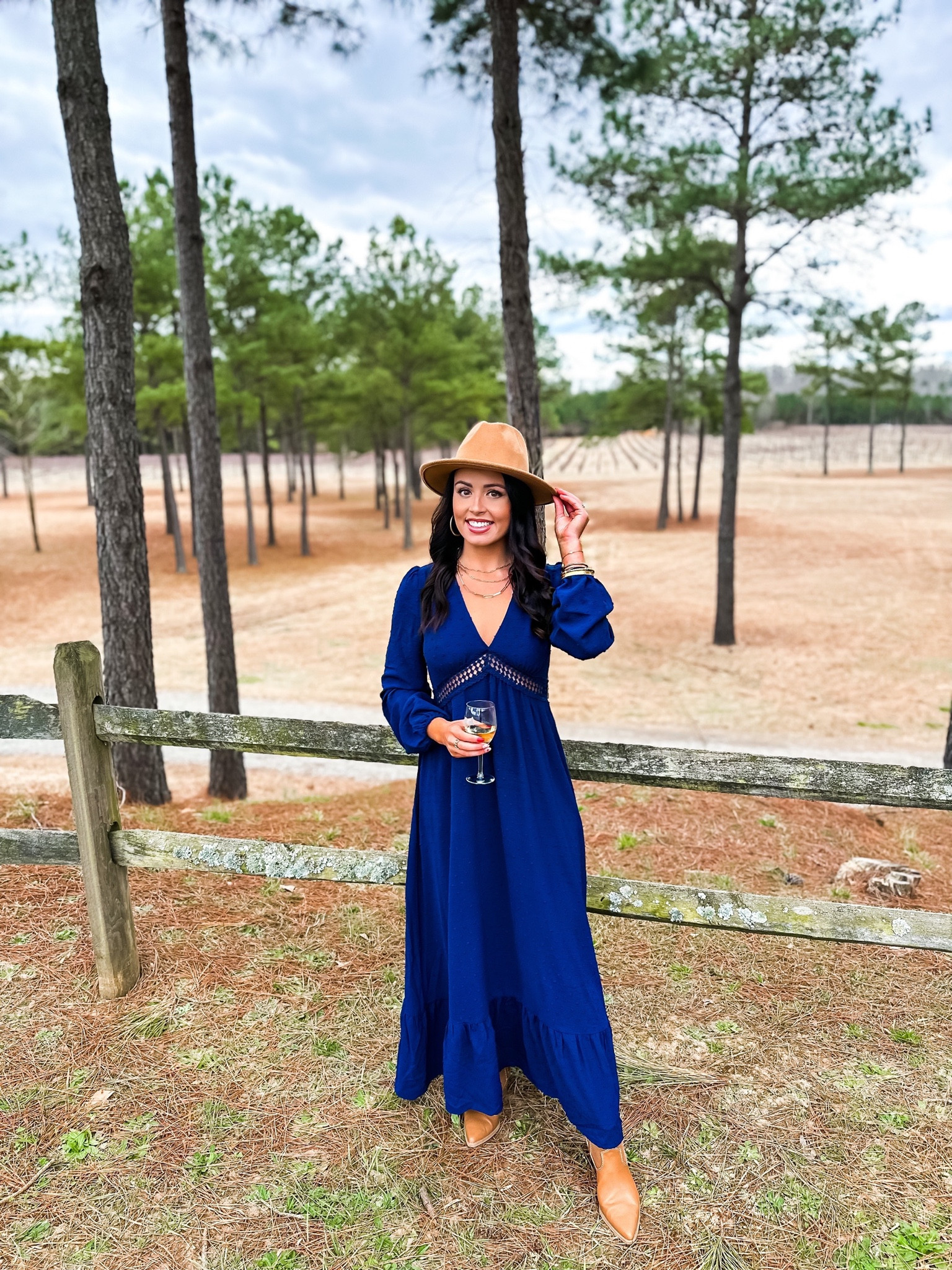 Around $40 amazon long sleeve boho maxi dress (small, 5+ colors), under $20 amazon fedora hat, $15 target paper clip necklace and $40 target western booties — this look would be perfect for family photos, or even a wedding guest! ❄️💙 #founditonamazon 

#LTKwedding #LTKunder100 #LTKunder50