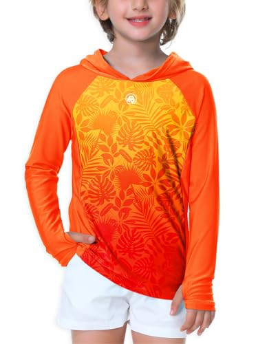 Boy Gradient Swim Top Long Sleeve Tropical Leaf Rash Guard Kids UPF Hooded Rashguard with Thumb Hole Orange 9-10 Years | Amazon (US)
