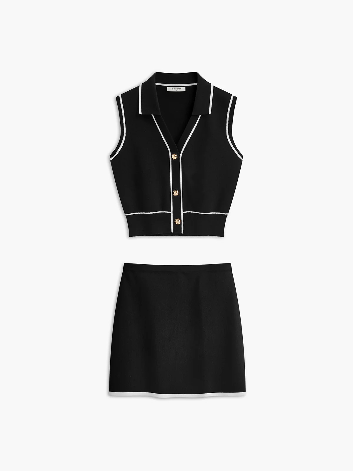 Button Front Contrast Binding Sleeveless Skirt Set | Commense