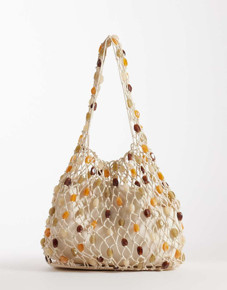 Glamorous crochet slouchy beaded shoulder bag in cream-White | ASOS (Global)