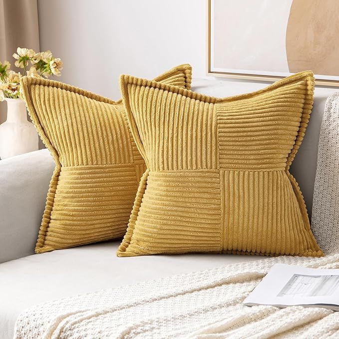 MIULEE Gold Pillow Covers 18x18 Inch with Splicing Set of 2 Super Soft Boho Striped Corduroy Pill... | Amazon (US)