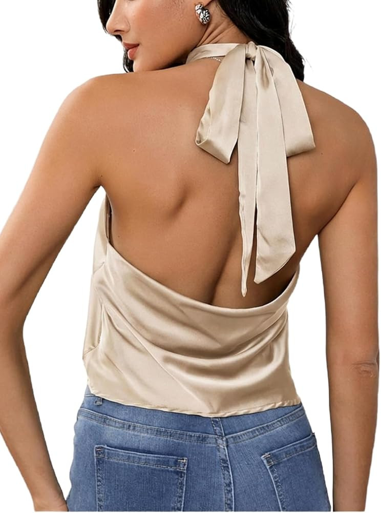 MakeMeChic Women's Satin Silk Halter Tank Tops Open Back Going Out Top | Amazon (US)