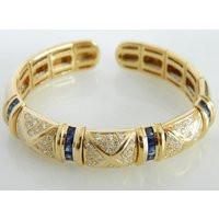 18K Gold Diamond & Sapphire Cuff Bracelet | 7 Inch | Etsy (US)
