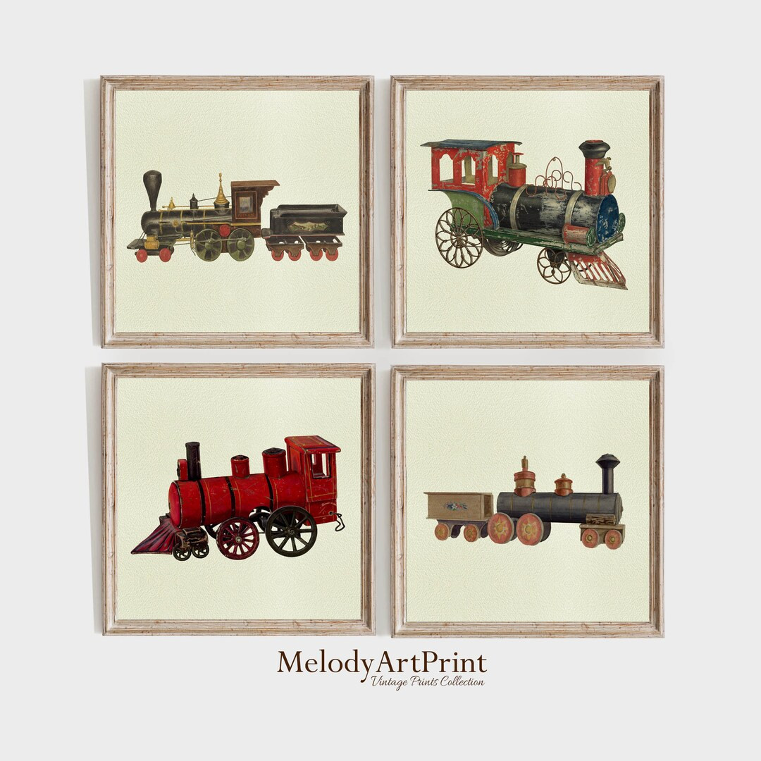 Train Drawing Print, Vintage Toy, Set of Train Art Prints, Boys Room Decor, Nursery Wall Art, Nur... | Etsy (US)