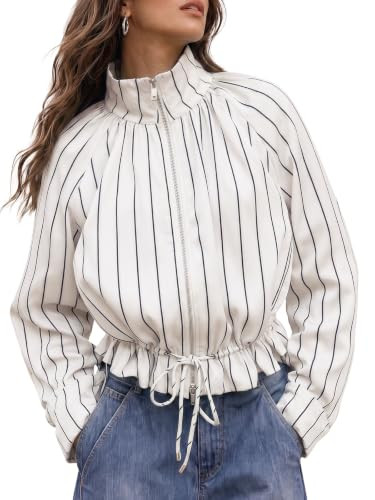 Fisoew Womens Casual Striped Jackets Stand Collar Zip Up Fall Cropped Coat | Amazon (US)