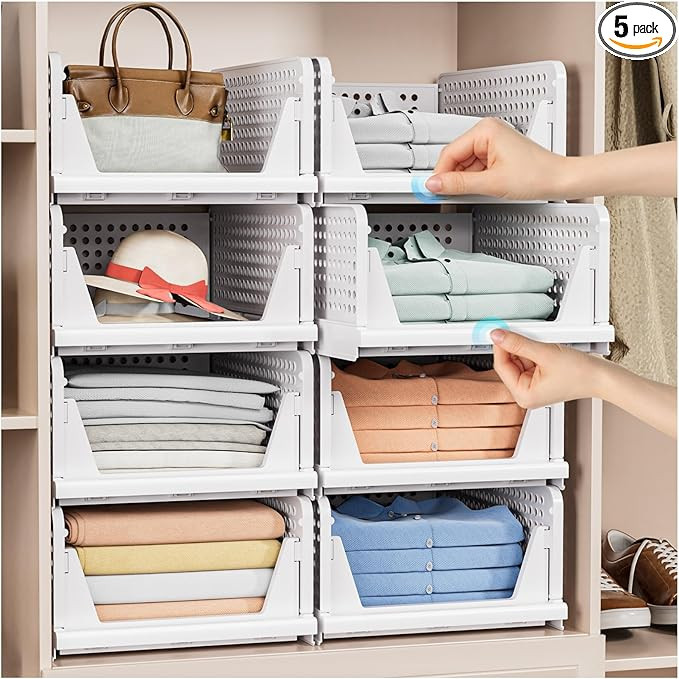 5 Pack Folding Closet Organizers Storage Box, Stackable Plastic Storage Basket, Closet Organizers... | Amazon (US)